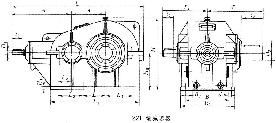 ZZL40、ZZL45、ZZL50、ZZL55、ZZL60、ZZL65、ZZL70、ZZL75、型圓錐圓柱齒輪減速器的外形尺寸
